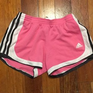 Pink black and white adidas shorts